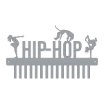 Steel medal holder with the word 'HIP-HOP' and three female dancer silhouettes on top. The bottom has 15 hooks for hanging medals.